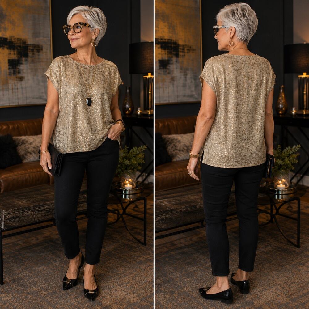 Dantelle Metallic Knit Top High/Lo Raw Hem SzL Modern Glam Contemporary Chic